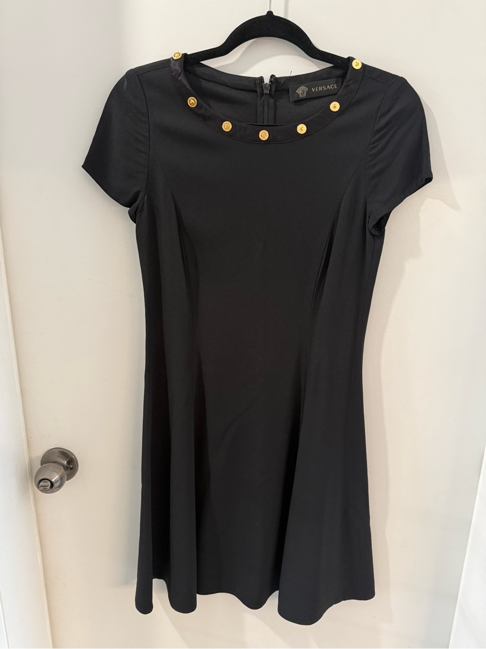 Versace Black A-Line Mini Dress with Gold Medallion Trim